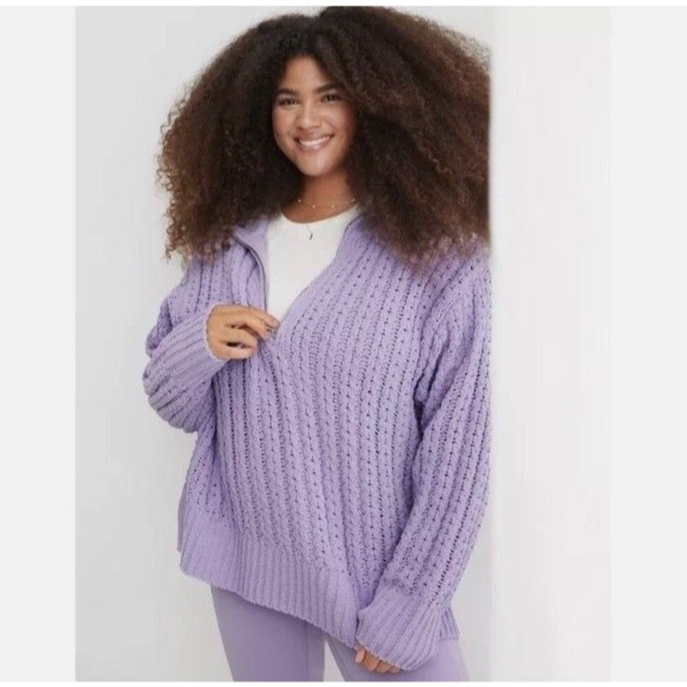 Aerie American Eagle Sweater L Cablecar Purple Chunky Chenille Knit 1/2 Zip